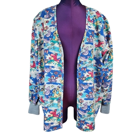 Vintage Crest Cartoon Dolphin Ocean Warm Up Scrub Top Size Large Unisex V17 - Picture 9 of 11